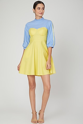 Yellow & Blue Color Blocked Dress by Three Piece Company