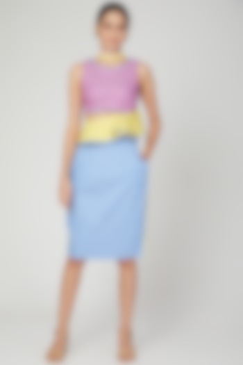 Sky Blue & Yellow Color Blocked Pencil Skirt by Three Piece Company