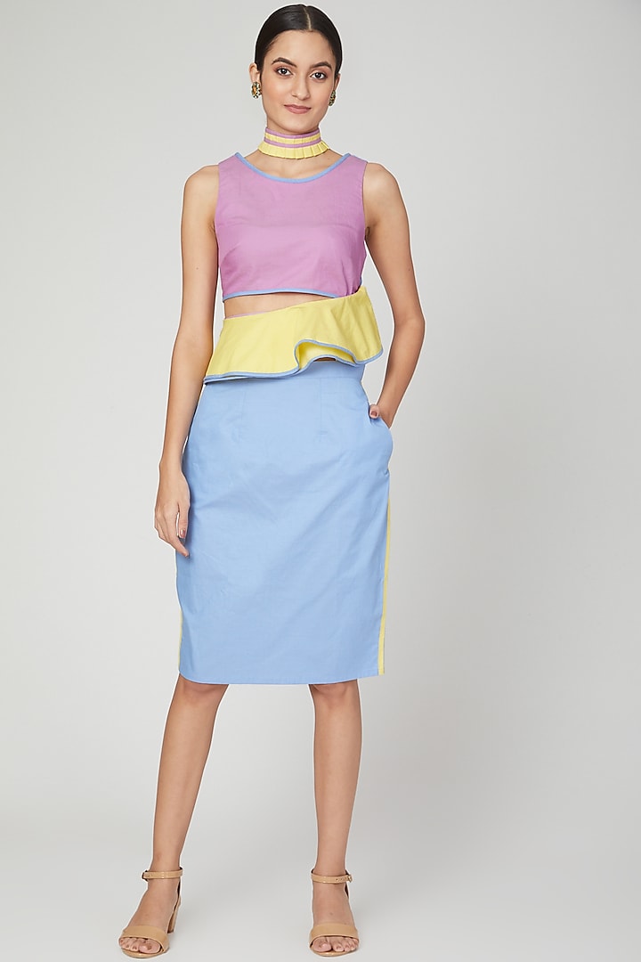 Sky Blue & Yellow Color Blocked Pencil Skirt by Three Piece Company