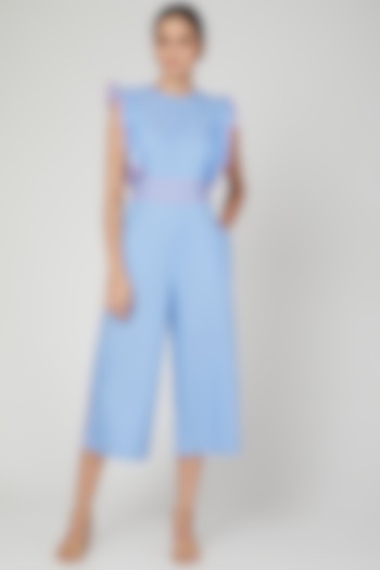 Sky Blue Jumpsuit With Ruffled Detailing by Three Piece Company