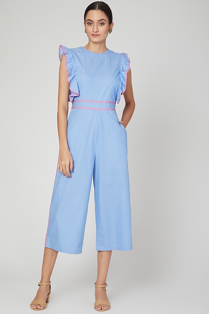 Sky Blue Jumpsuit With Ruffled Detailing by Three Piece Company