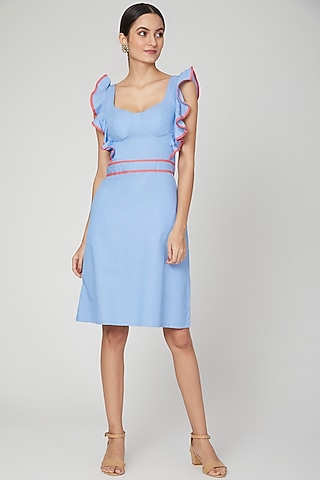 Sky Blue Backless Dress With Ruffled Tie-Up by Three Piece Company