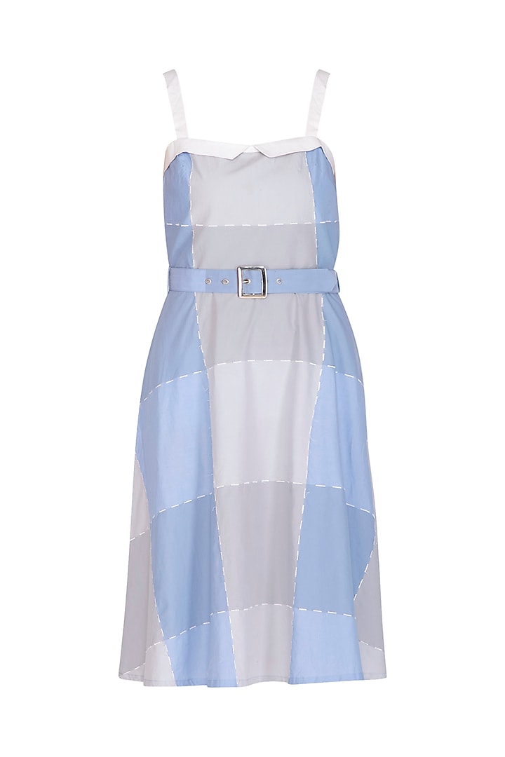 Lavender Blue & Grey Embroidered Dress With Belt by Three Piece Company