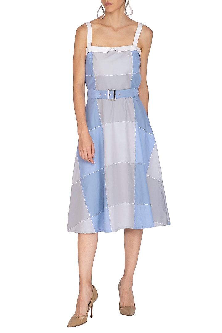 Lavender Blue & Grey Embroidered Summer Dress With Belt by Three Piece Company at Pernia's Pop Up Shop