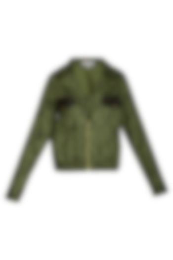 Olive Green Printed Bomber Jacket by Three Piece Company