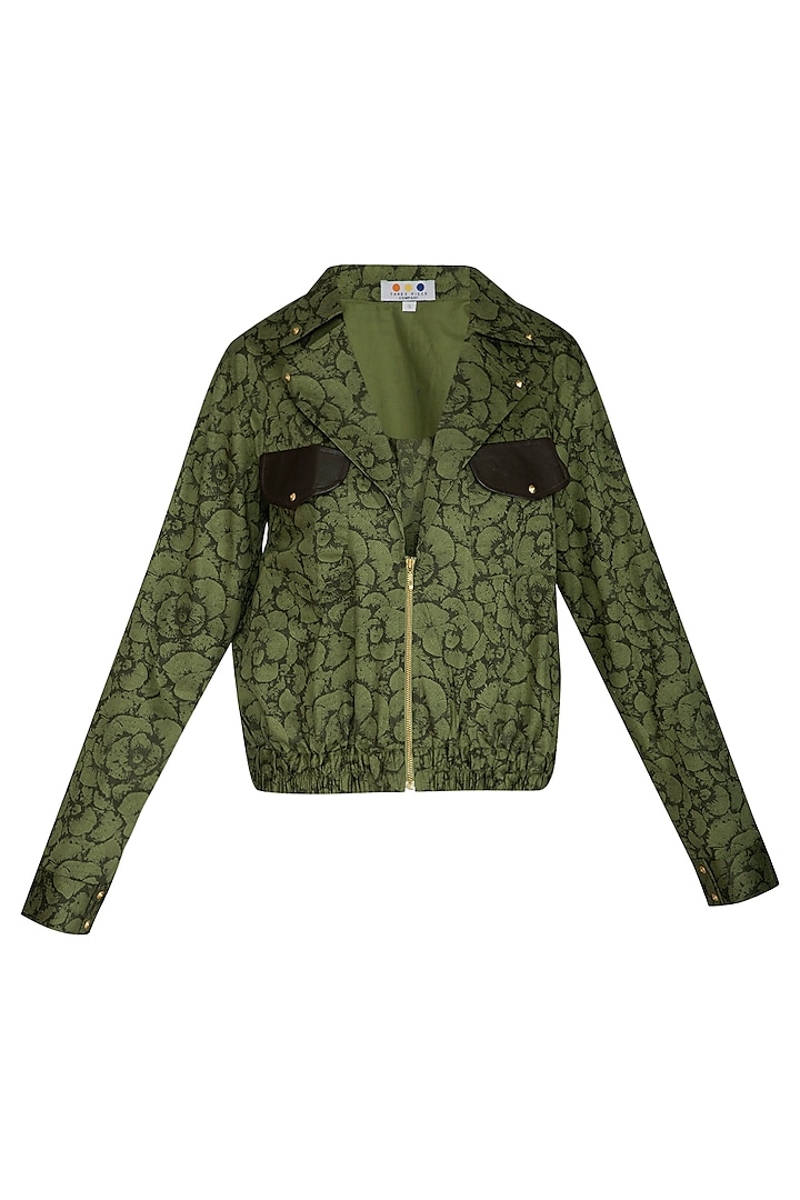 Olive Green Printed Bomber Jacket by Three Piece Company