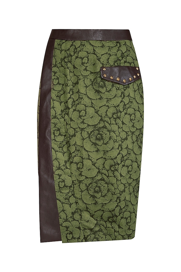 Olive Green Printed Skirt by Three Piece Company