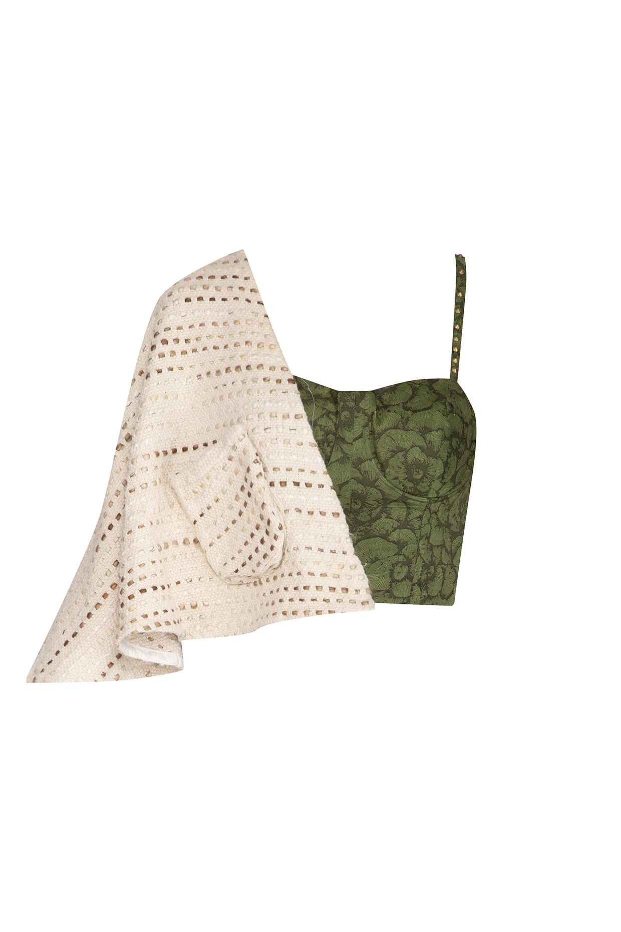 Olive Green Printed Corset Top With Cape by Three Piece Company at Pernia's Pop Up Shop
