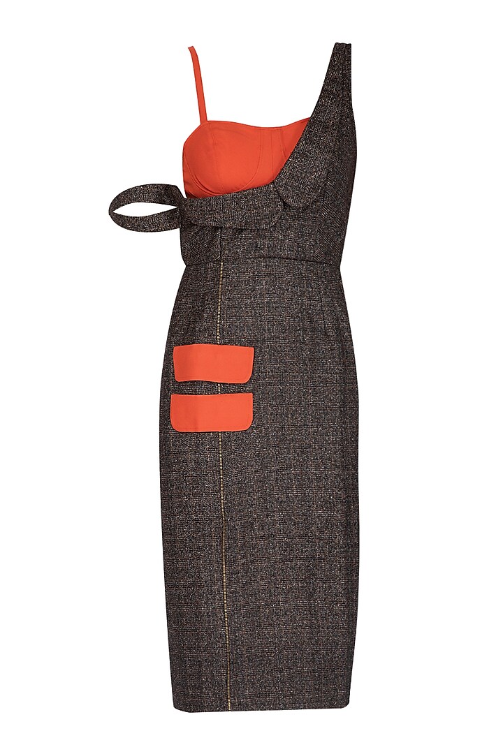 Brown Woolen Dress With Burnt Orange Attached Corset by Three Piece Company