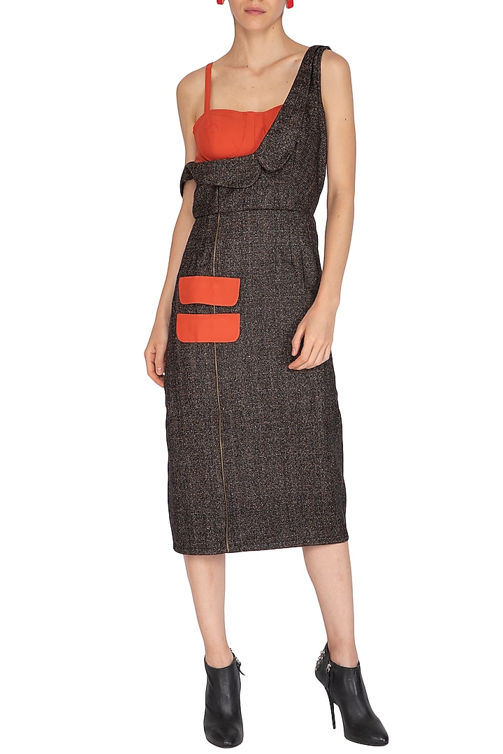 Brown Woolen Summer Dress With Burnt Orange Attached Corset by Three Piece Company at Pernia's Pop Up Shop