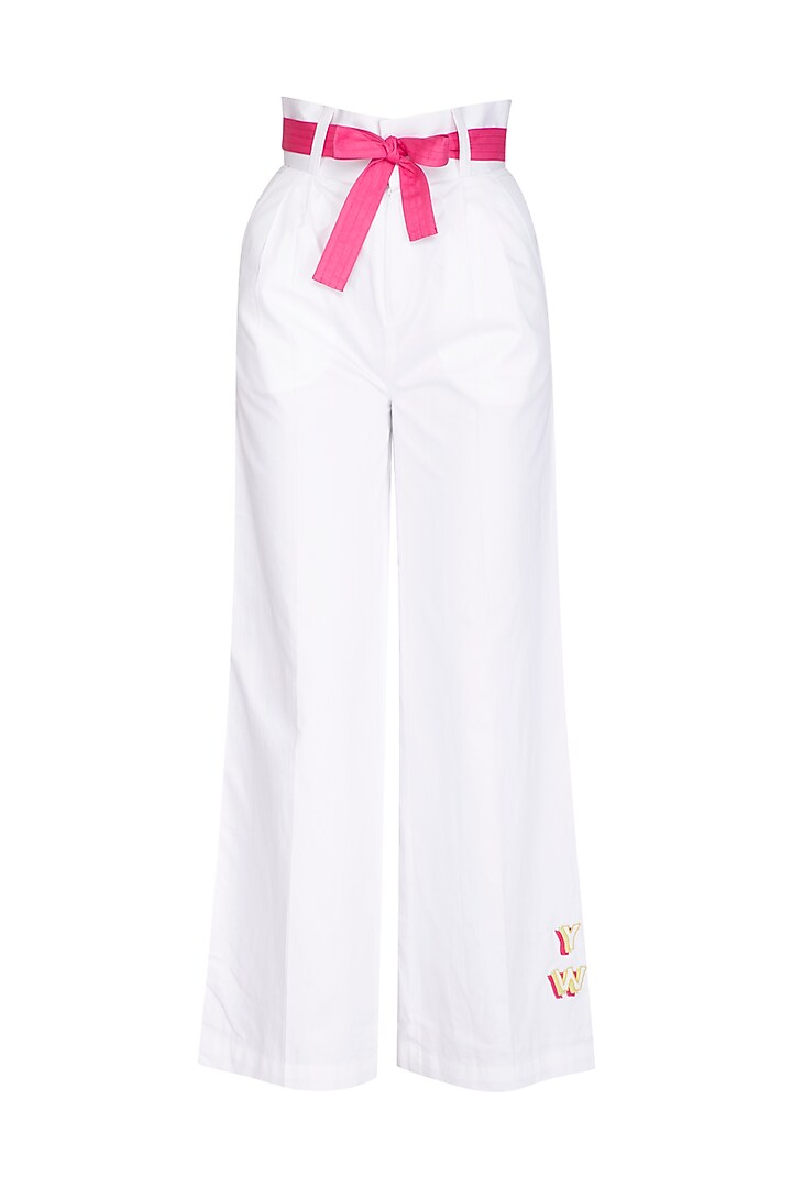 White Embroidered Pants With Tie-up Belt by Three Piece Company