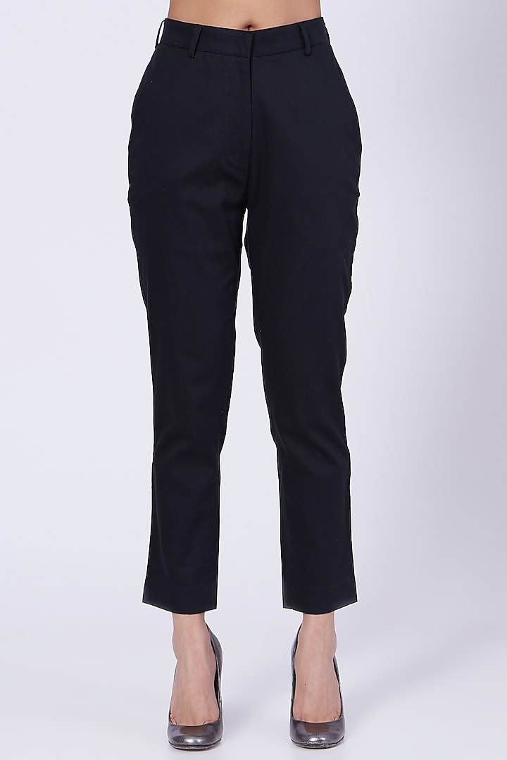 Black Cotton Satin Lycra Pants by Three Piece Company at Pernia's Pop Up Shop