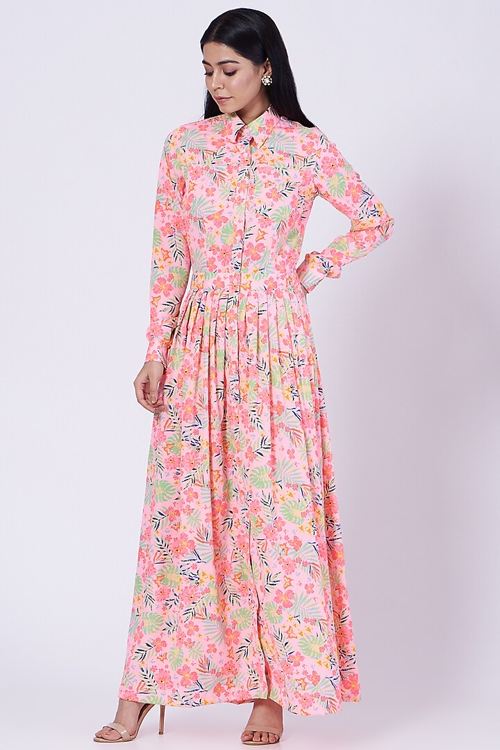 Pink Poly Crepe Floral Shirt Dress by Three Piece Company