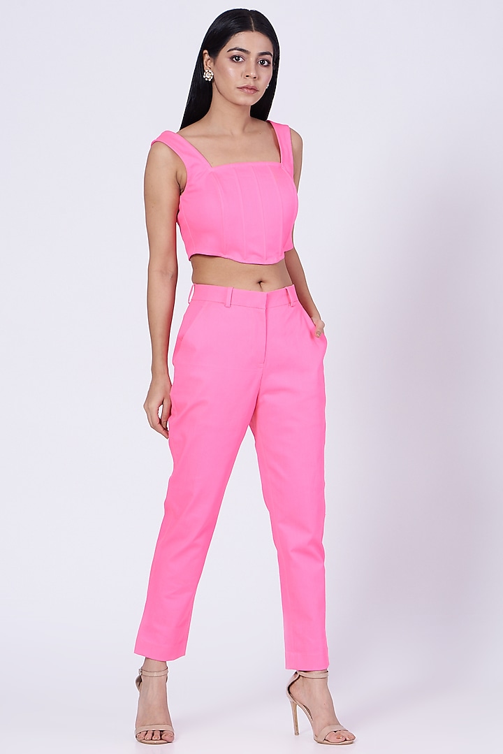 Pink Cotton Twill Lycra Pants by Three Piece Company