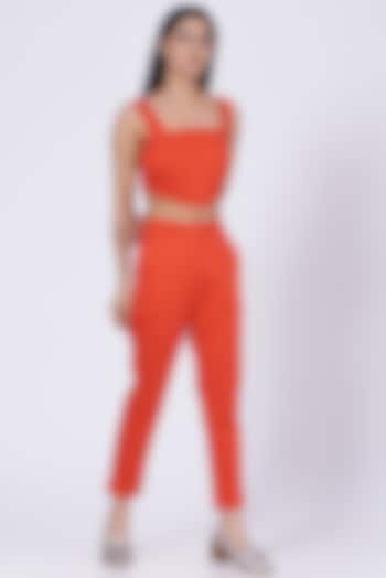 Orange Cotton Twill Lycra Pants by Three Piece Company