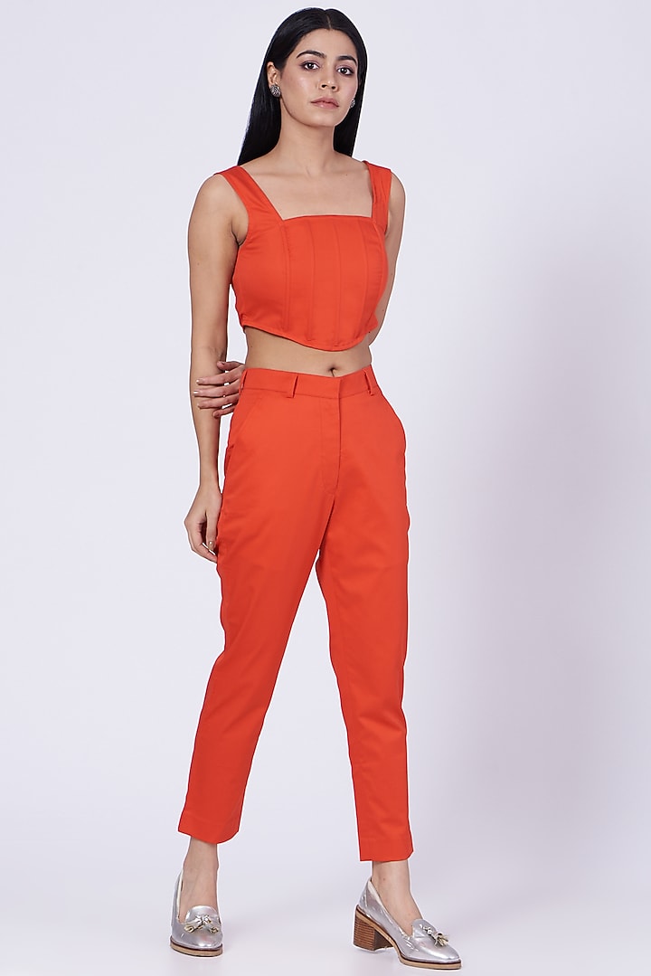 Orange Cotton Twill Lycra Pants by Three Piece Company at Pernia's Pop Up Shop