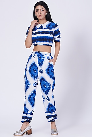 White & Blue Tie-Dye Lounge Crop Top  by Three Piece Company