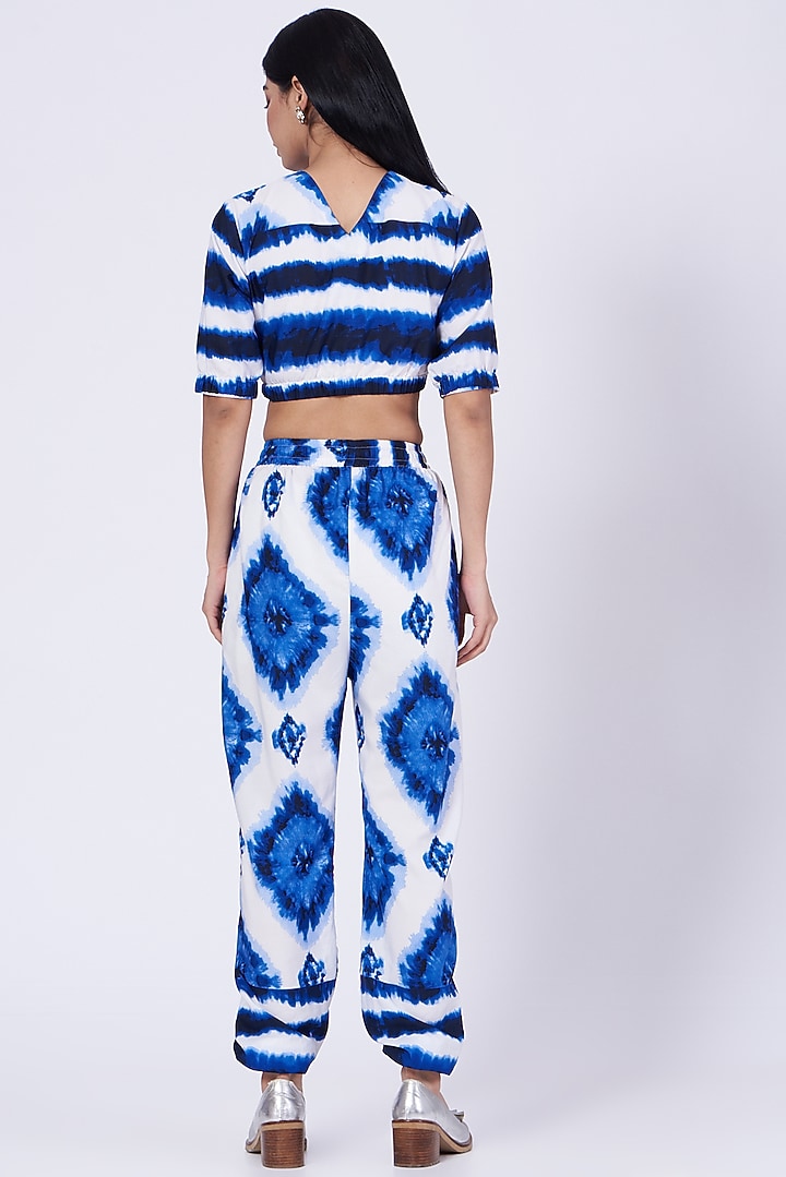 White & Blue Tie-Dye Lounge Crop Top by Three Piece Company at Pernia's Pop Up Shop