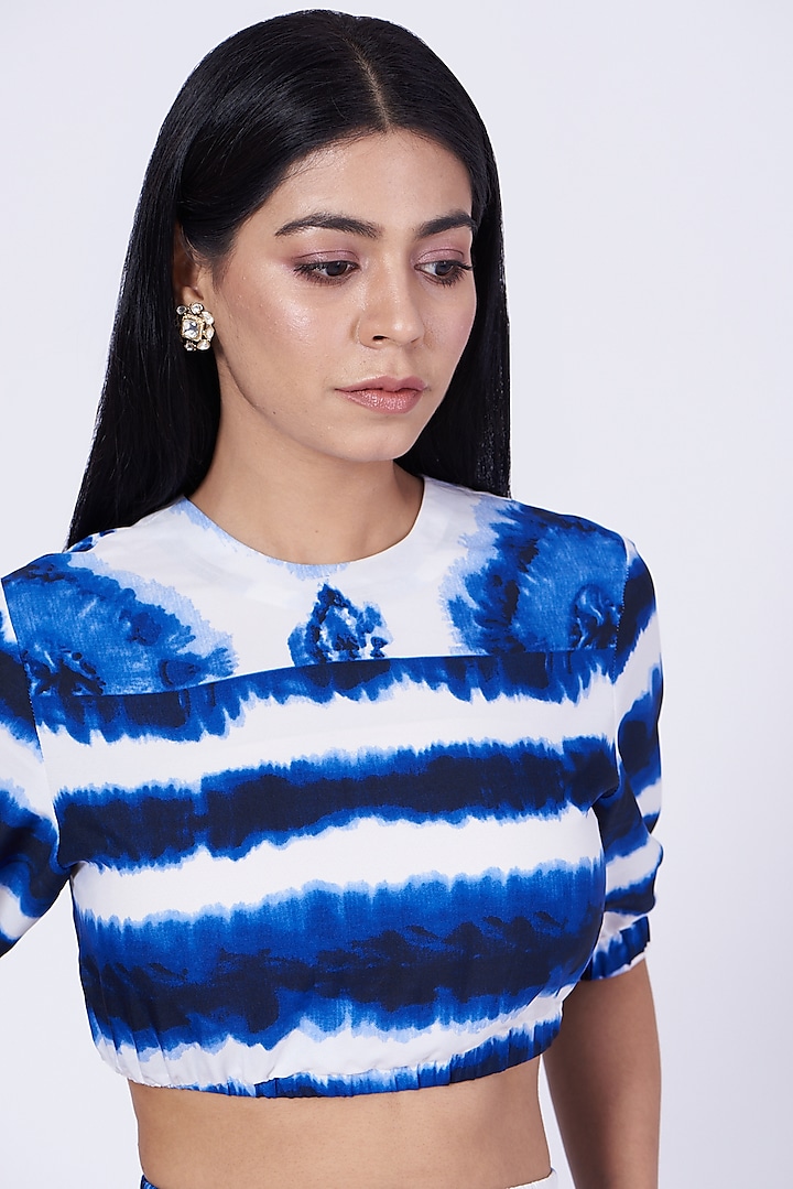White & Blue Tie-Dye Lounge Crop Top by Three Piece Company at Pernia's Pop Up Shop