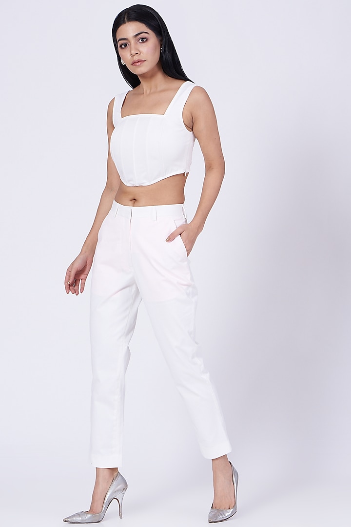 White Cotton Satin Lycra Pants by Three Piece Company