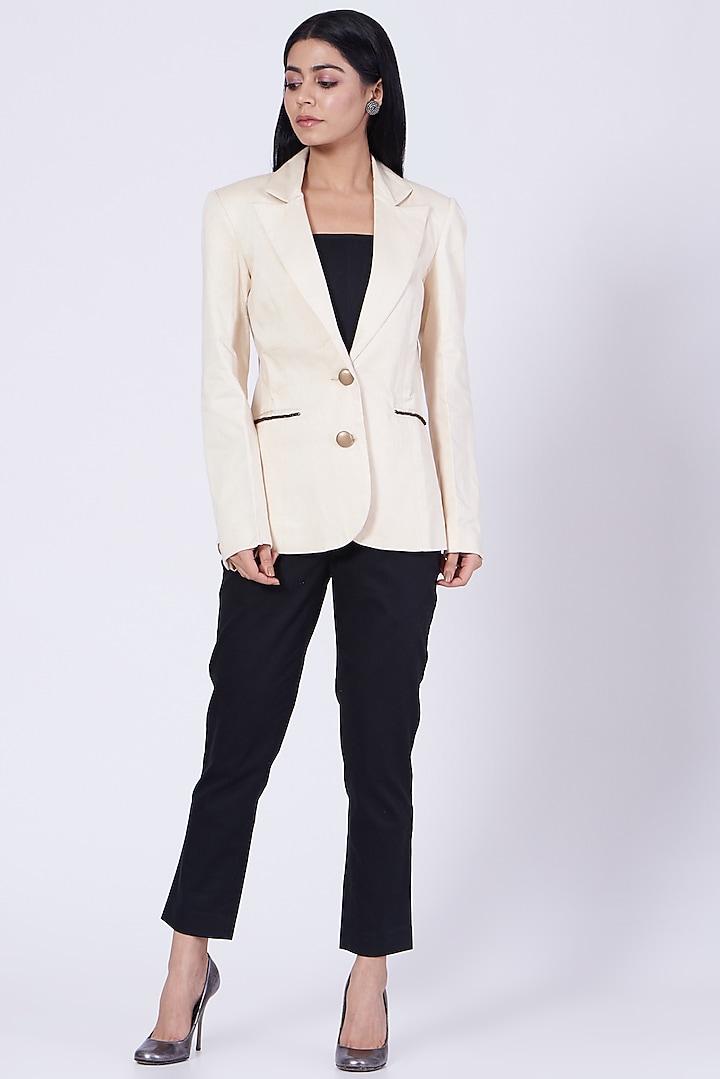 White Blazer With Faux Leather Buttons by Three Piece Company