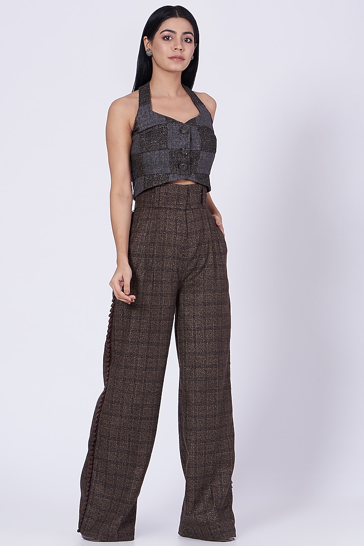 Grey & Brown Patch Work Embroidered Waistcoat by Three Piece Company at Pernia's Pop Up Shop