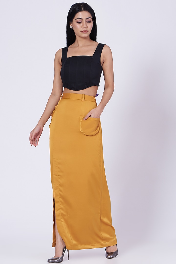 Ochre Satin Crepe Gathered Skirt by Three Piece Company