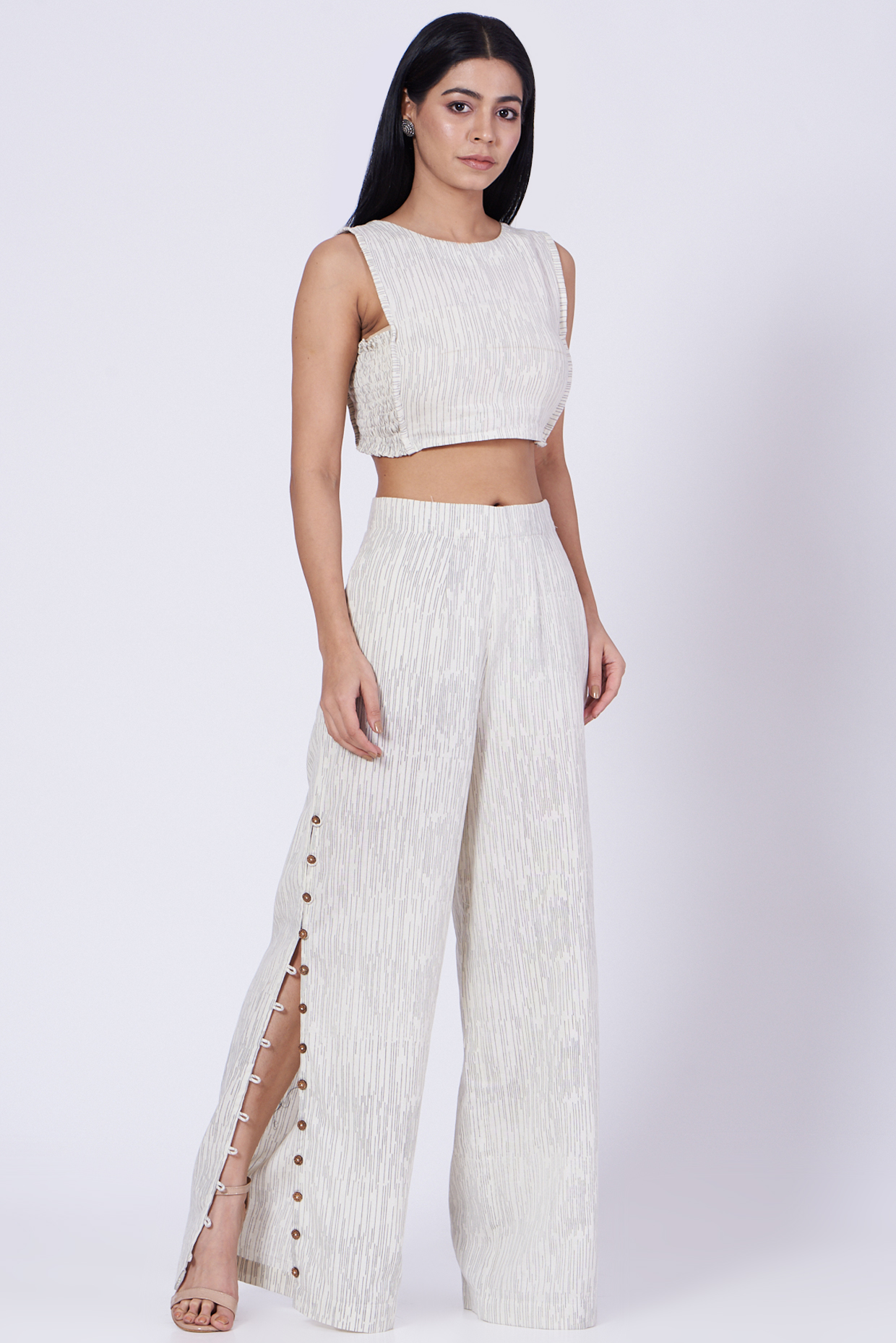 White Block Printed Crop Top by Three Piece Company at Pernia's Pop Up Shop