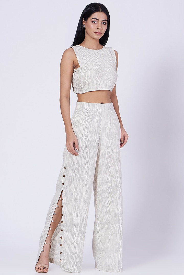 White Block Printed Crop Top by Three Piece Company