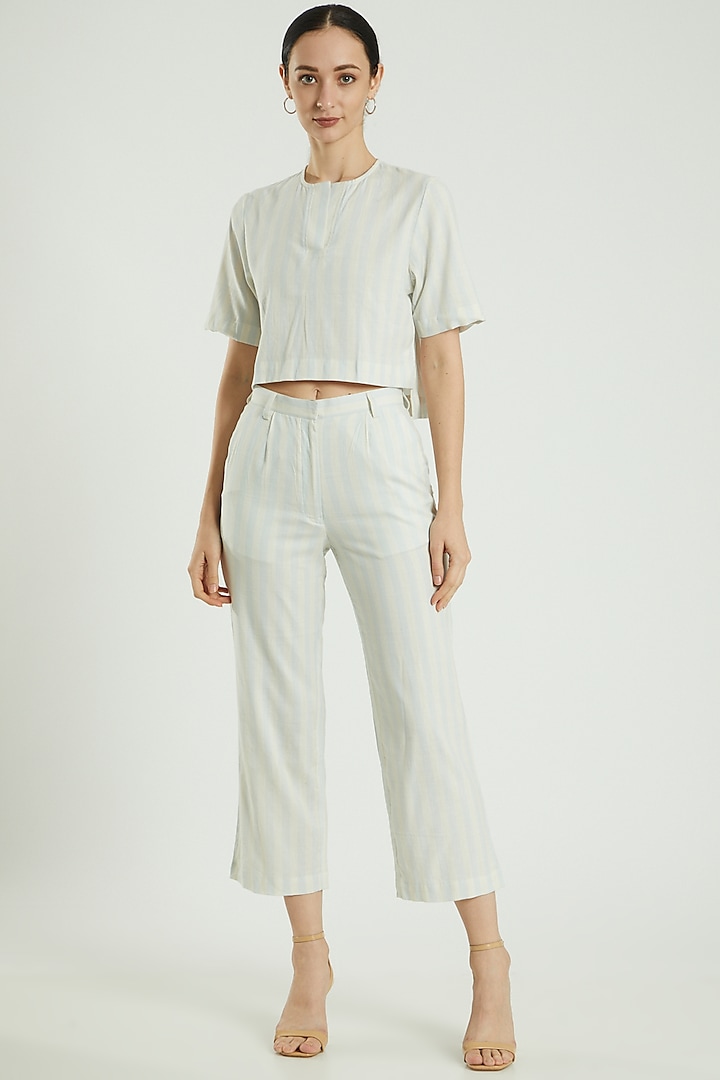 Blue Linen Striped Pants by Three Piece Company