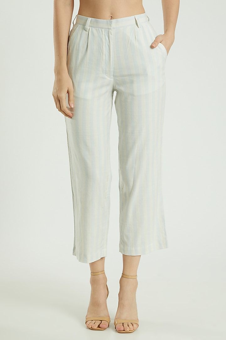 Blue Linen Striped Pants by Three Piece Company at Pernia's Pop Up Shop