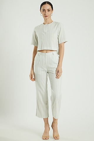 Blue Cotton Linen Striped Top by Three Piece Company