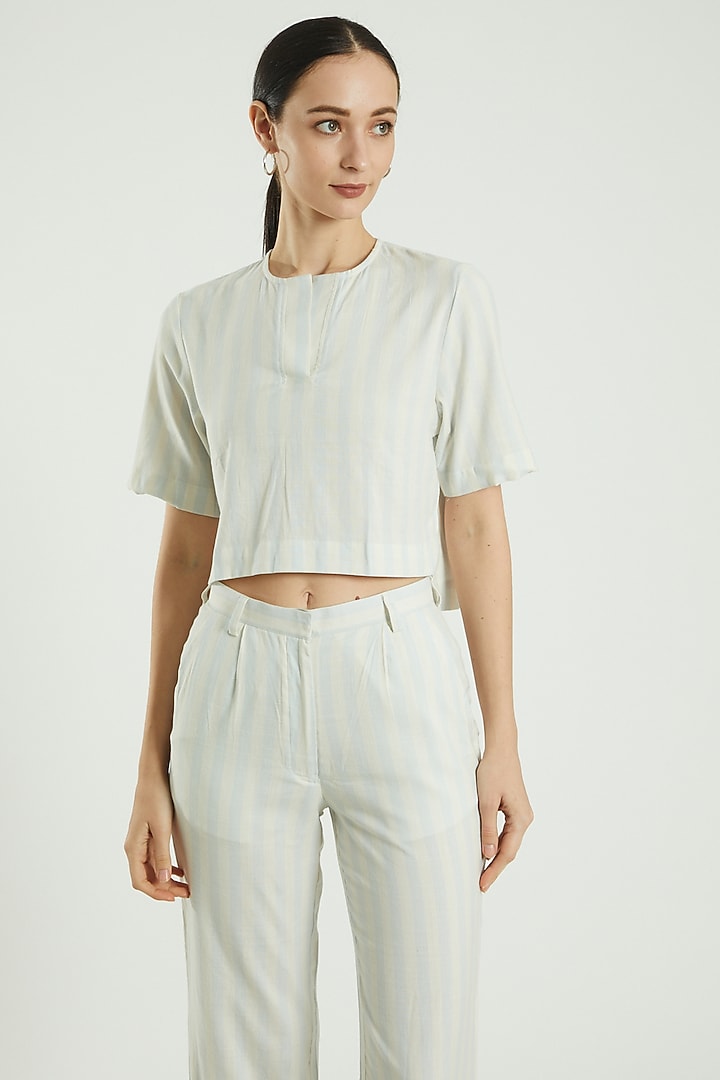 Blue Cotton Linen Striped Top by Three Piece Company at Pernia's Pop Up Shop