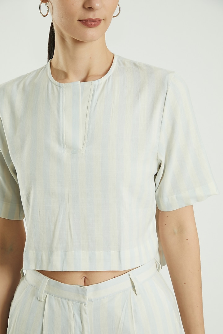 Blue Cotton Linen Striped Top by Three Piece Company at Pernia's Pop Up Shop