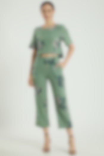 Green Linen Printed Pants by Three Piece Company