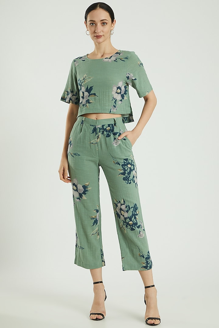 Green Linen Printed Pants by Three Piece Company