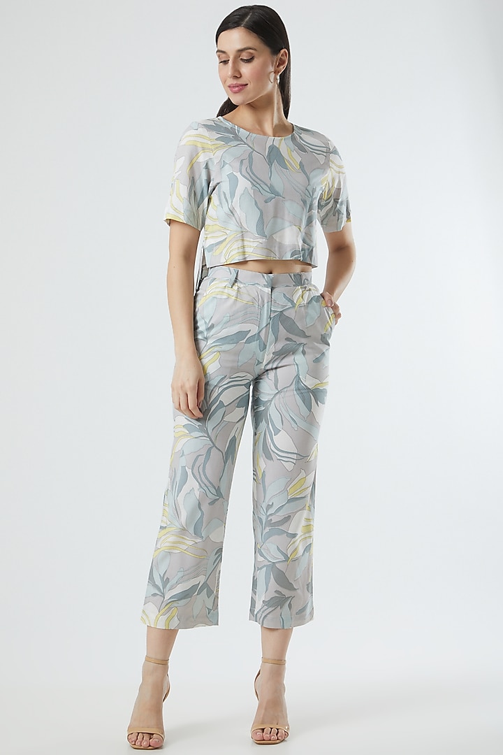 Grey Floral Printed Pants by Three Piece Company