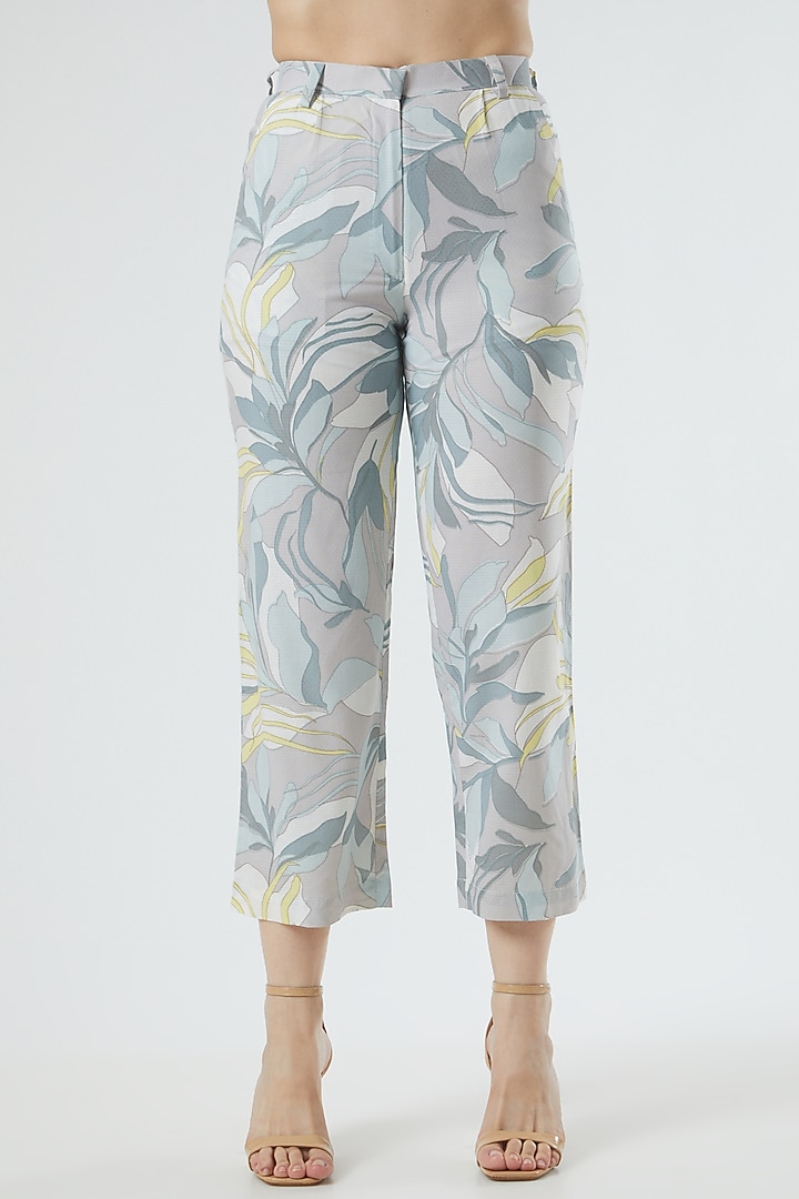 Grey Floral Printed Pants by Three Piece Company at Pernia's Pop Up Shop