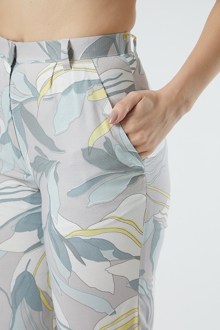 Grey Floral Printed Pants by Three Piece Company at Pernia's Pop Up Shop