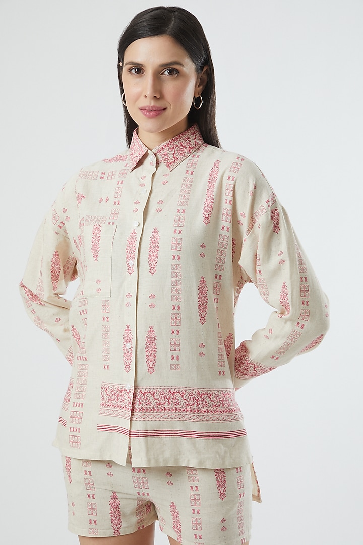 Beige Block Printed Top by Three Piece Company at Pernia's Pop Up Shop