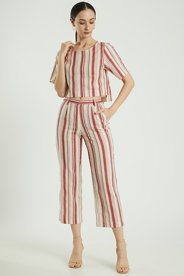 Red Linen Striped Pants by Three Piece Company