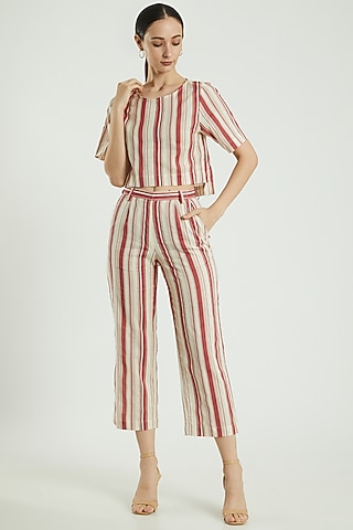Red Linen Striped Pants by Three Piece Company