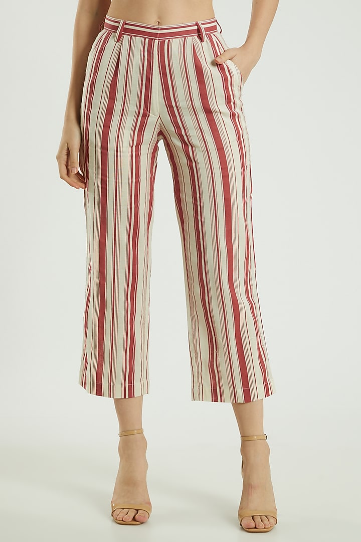 Red Linen Striped Pants by Three Piece Company at Pernia's Pop Up Shop