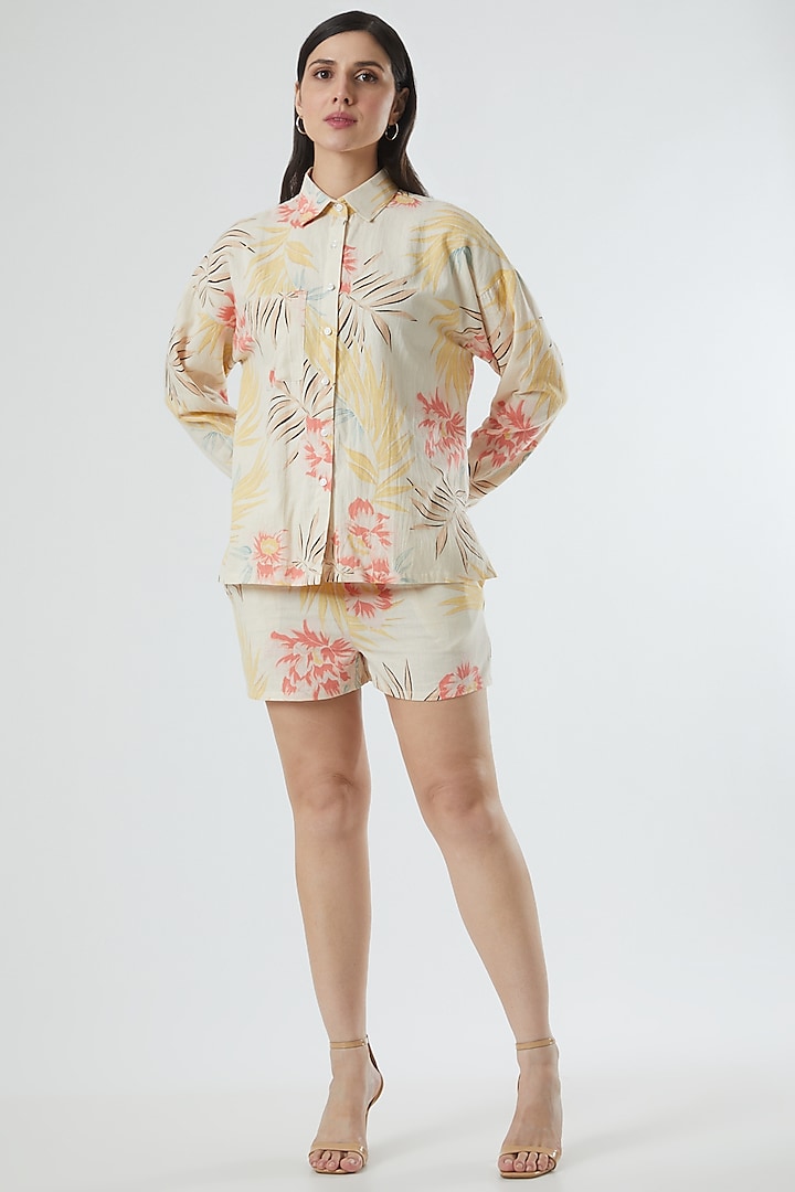 Beige Floral Printed Shorts by Three Piece Company