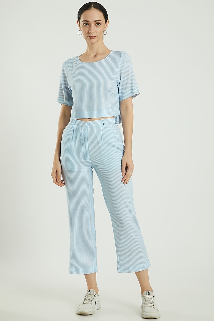 Blue Cotton Linen Pants by Three Piece Company