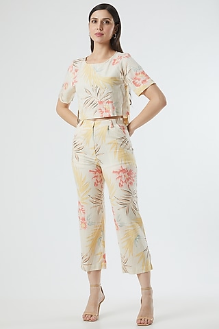 Beige Printed Linen Top by Three Piece Company
