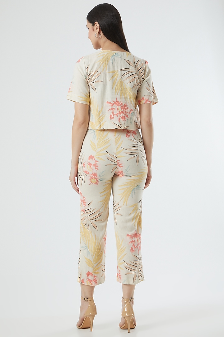 Beige Printed Linen Top by Three Piece Company at Pernia's Pop Up Shop