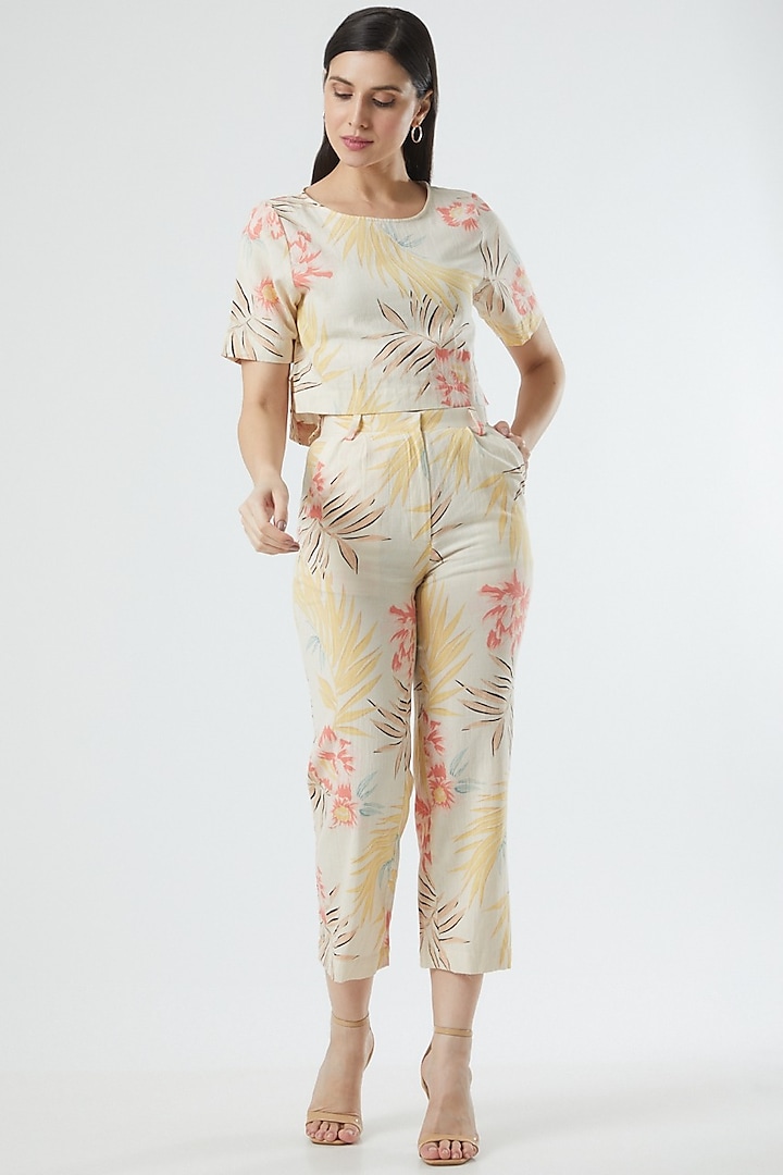 Beige Floral Printed Pants by Three Piece Company