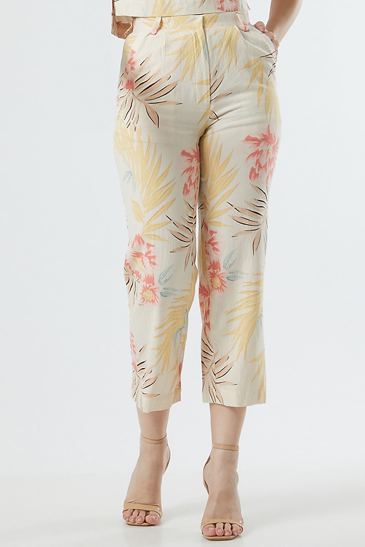 Beige Floral Printed Pants by Three Piece Company at Pernia's Pop Up Shop