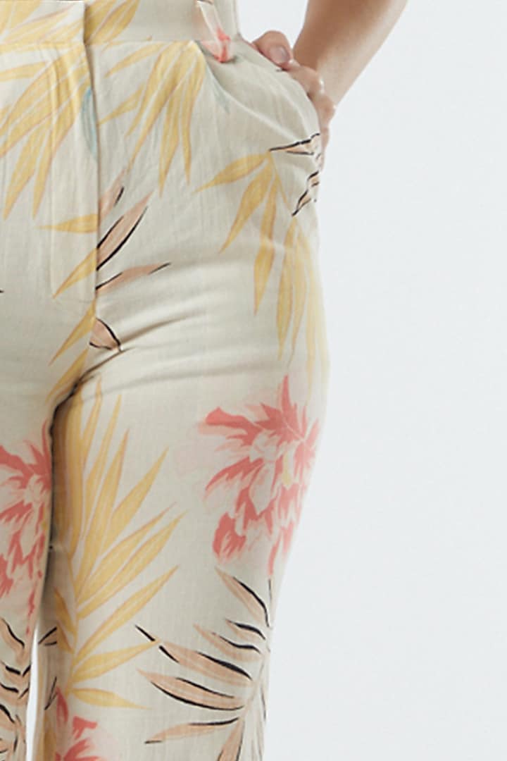 Beige Floral Printed Pants by Three Piece Company at Pernia's Pop Up Shop
